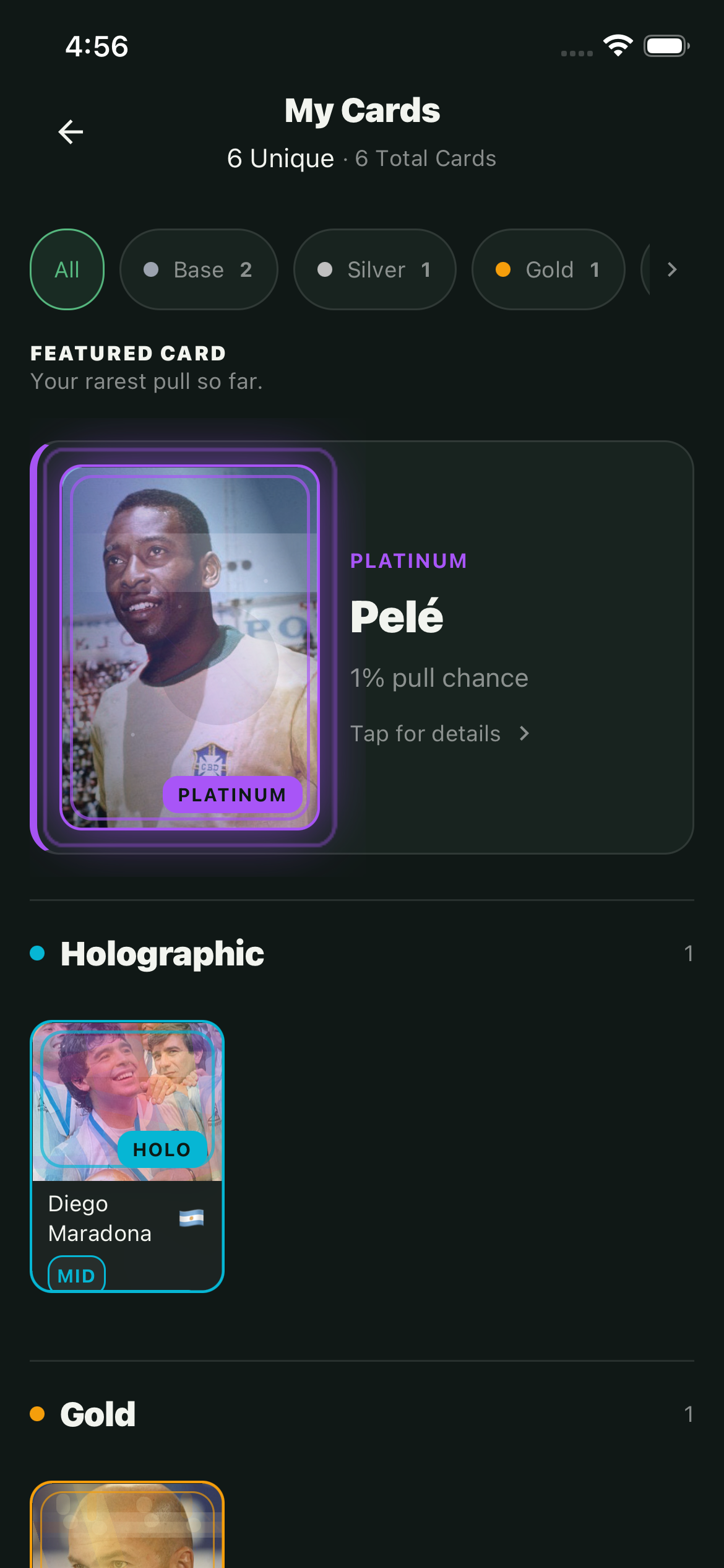 FootyGoat card collection with a featured Platinum Pelé card and Holographic Maradona card