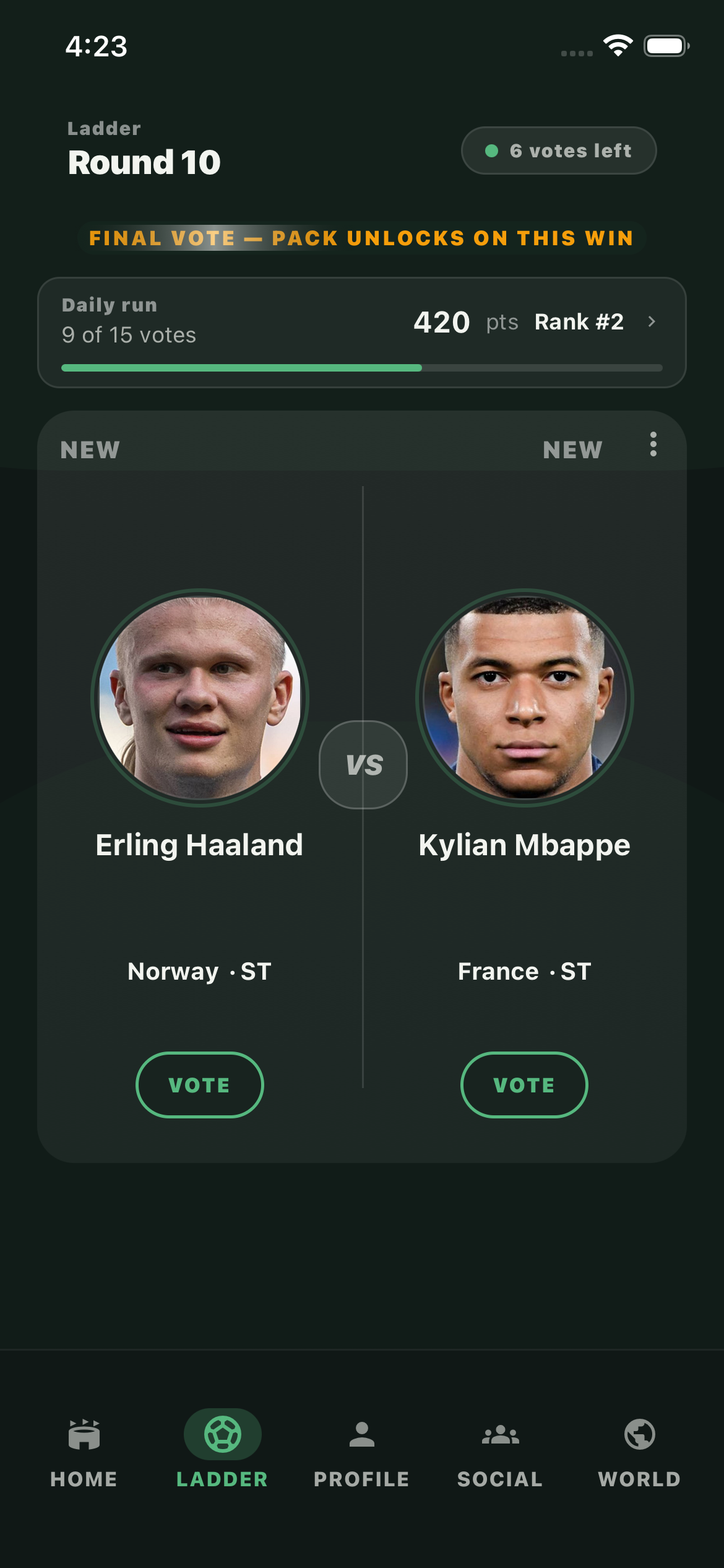 GOAT Ladder final vote between Erling Haaland and Kylian Mbappé