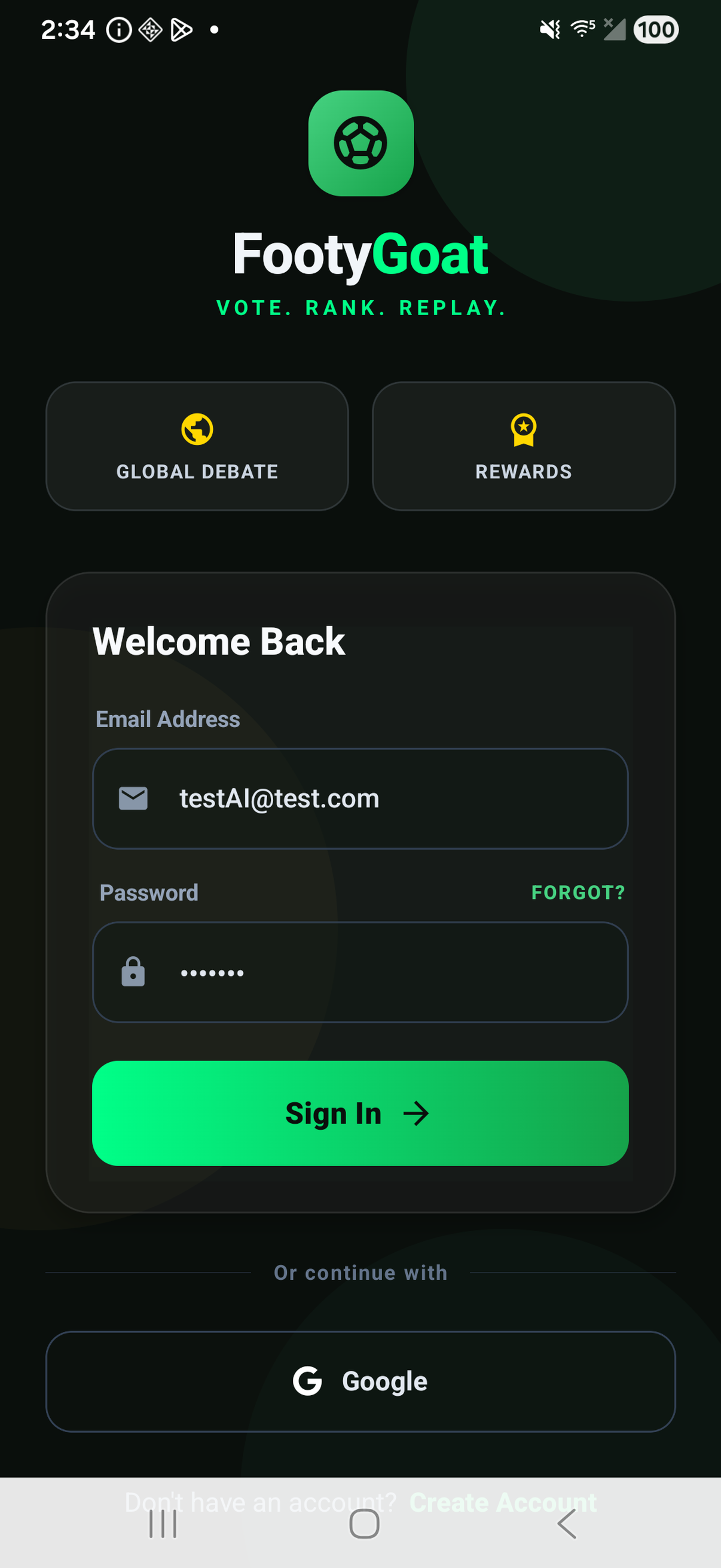 Sign in screen