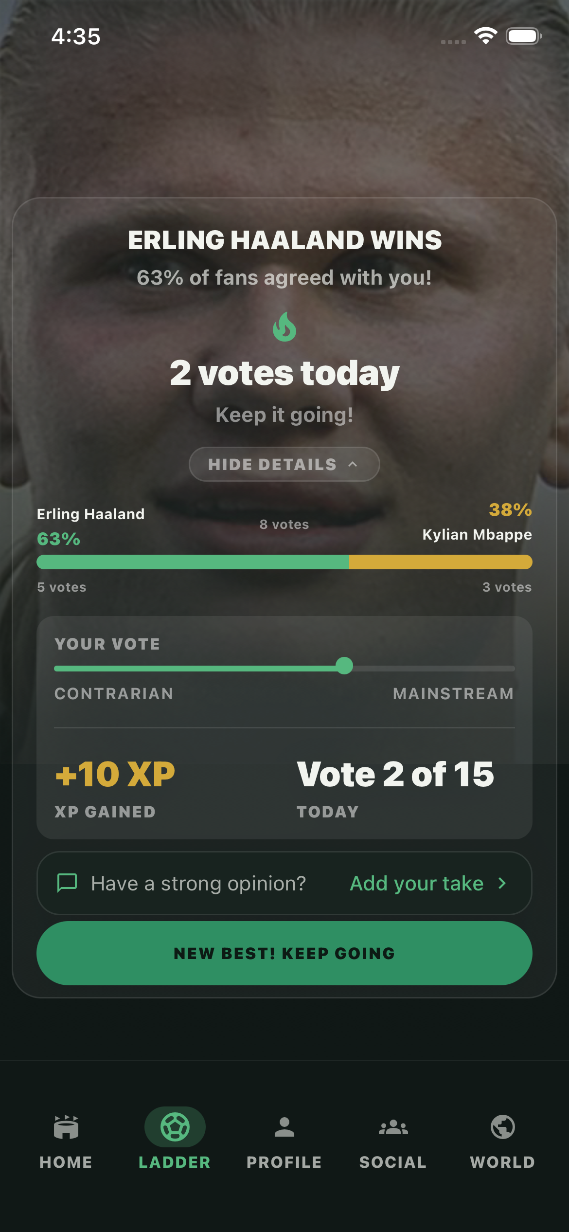 Post-vote result showing Haaland beating Mbappé with 63 percent of fan votes